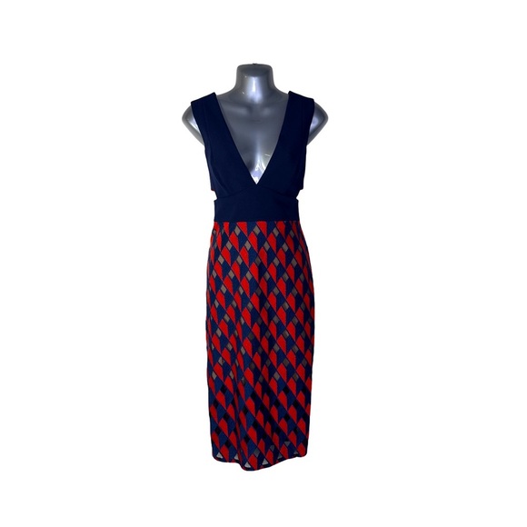 BCBG MaxAzria Rosalina Midi Dress Navy Red Geometric Size 4 NWT - Picture 6 of 9
